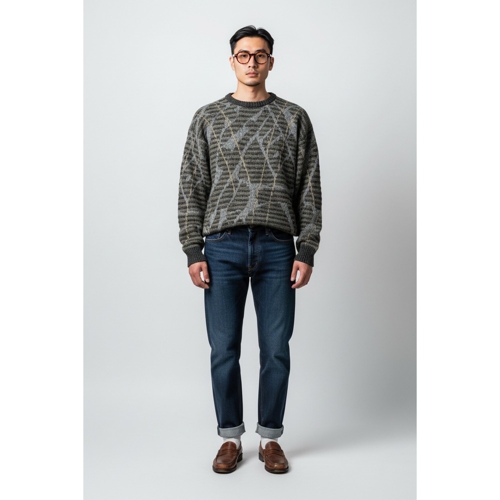 Boundary Waters Sweater Medium Grey Wool Shetland Abstract Geometric Crewneck